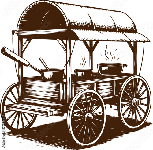 Rustic chuck wagon mobile kitchen illustration in a vintage woodcut engraving style