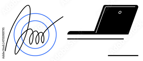 Hand-drawn signature overlaying concentric circles alongside a laptop, illustrating secure digital agreements. Ideal for business, technology, security, authentication, remote work, online