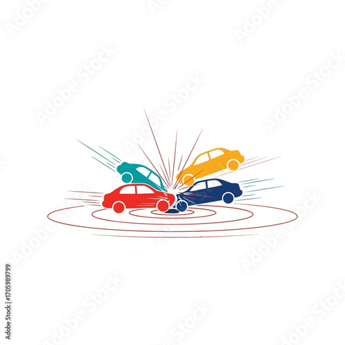 Multiple cars involved in a collision isolated on white background, representing general traffic laws