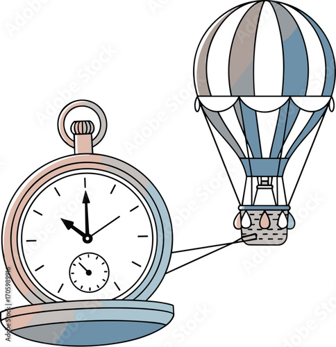 Antique pocket watch tethered to hot air balloon vector illustration