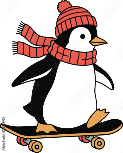 Cartoon penguin with winter hat and scarf riding skateboard