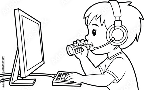 Child with headphones and microphone, speaking into a toy microphone, playing on computer, fun digital learning, imaginative play, creative activity