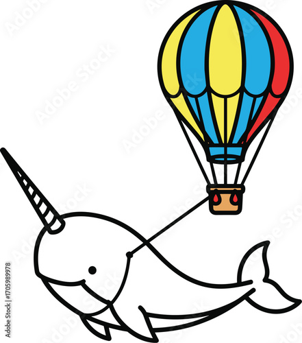 Narwhal with hot air balloon cartoon vector graphic