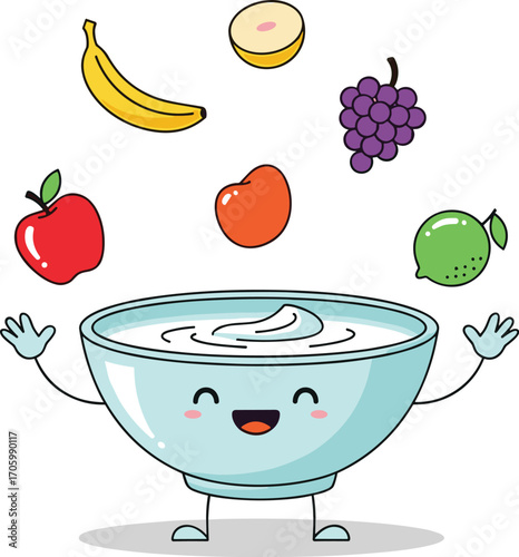 Cartoon bowl character juggling fruits illustration