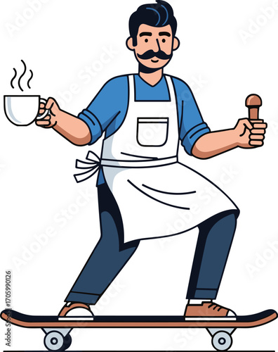 Man on skateboard with coffee and ice cream cartoon