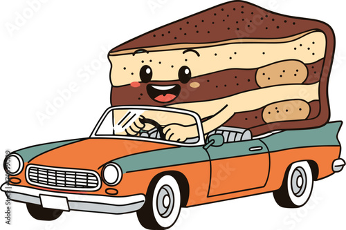 Cartoon cake slice drives orange convertible car