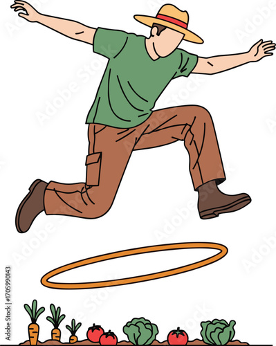 Farmer jumps hula hoop above crops vector illustration