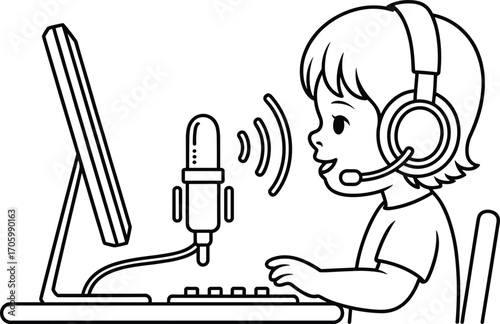 Young child using computer with headphones and microphone, talking online, educational activity, kids technology, digital communication, learning through play illustration