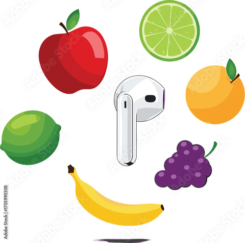 Vector illustration of airpods surrounded by fruit assortment