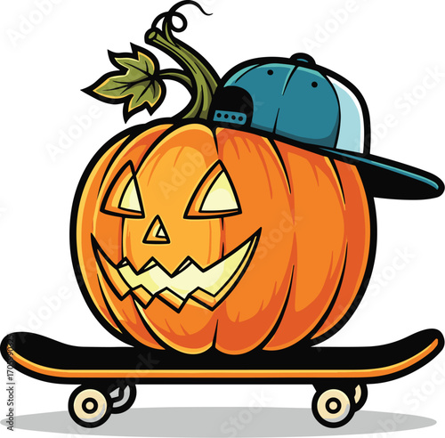 Cartoon pumpkin with jack-o'-lantern face wearing baseball cap on a skateboard