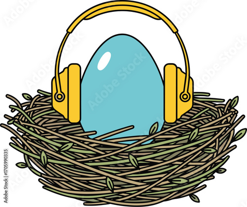 Cartoon egg wearing headphones in bird nest