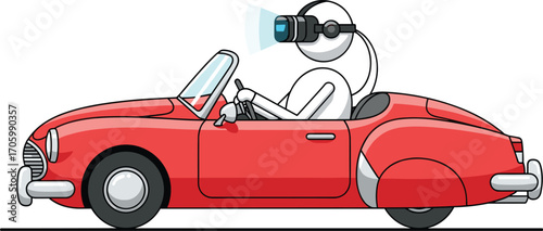 Cartoon figure drives red convertible wearing VR headset