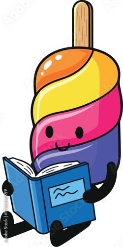 Cartoon popsicle with face reads book sitting down