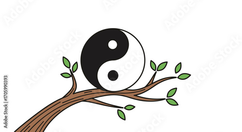 Yin yang symbol on branch with leaves vector illustration