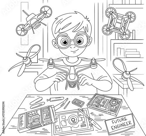 Young boy assembling drone, working with tools, educational STEM activity, future engineer concept, creative learning, building skills, technology education, digital play
