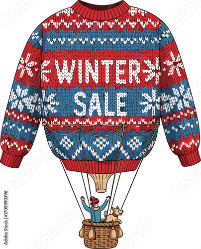 Winter sale sweater balloon with man and dog in basket