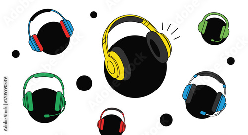 Cartoon colorful headsets arranged over black circles on white background