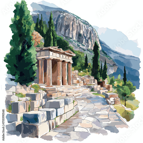Delphi Archaeological Site. Delphi Archaeological Site watercolor vector illustration