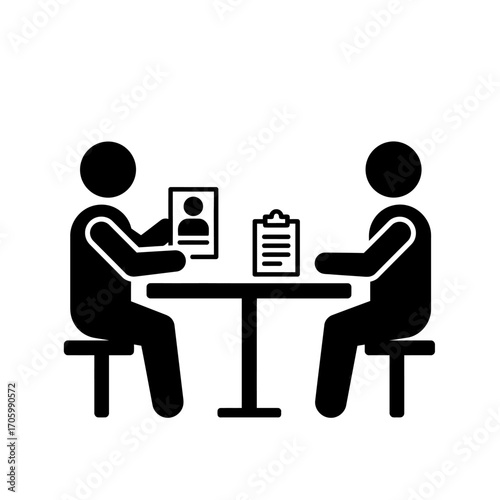 Monochrome pictogram illustrating a professional job interview, showing a candidate with a resume and a recruiter at a desk