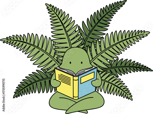 Illustration of green character reading a book surrounded by fern leaves