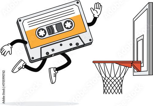 Cartoon cassette tape character jumps towards basketball hoop