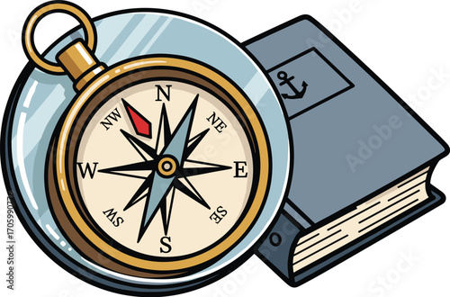Illustration of a compass next to a journal with an anchor.
