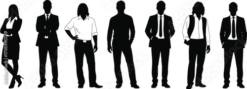 Silhouettes of business professionals in formal attire, standing in various poses, ideal for corporate, office, branding, and vector design