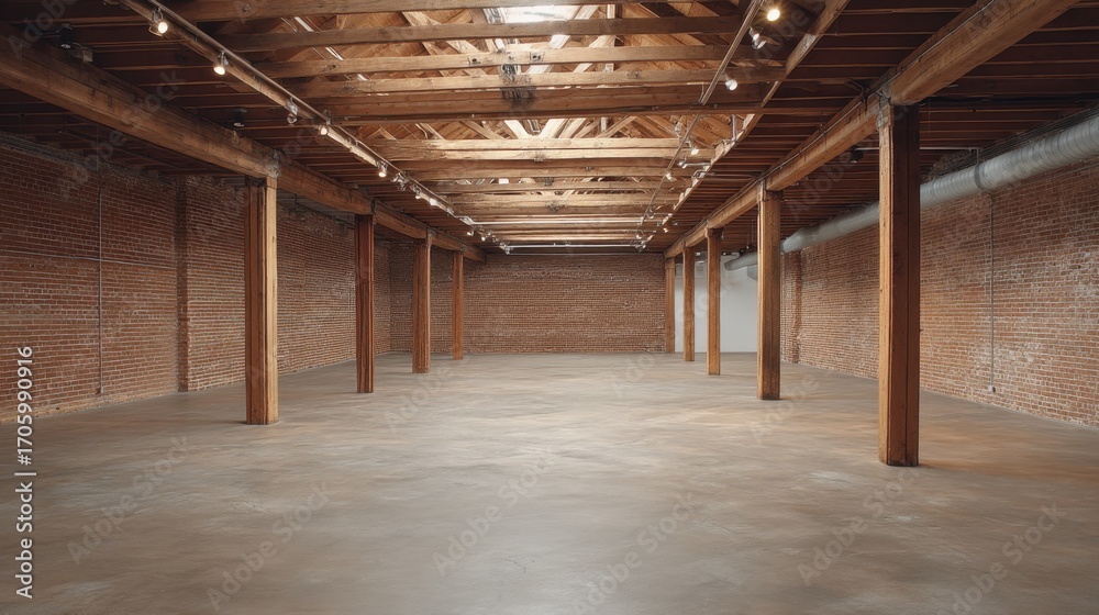 Naklejka premium Spacious industrial interior with wooden beams, exposed brick walls, and polished concrete floor, ideal for events, exhibitions, or creative projects