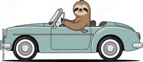 Cartoon sloth drives a vintage convertible car smiling