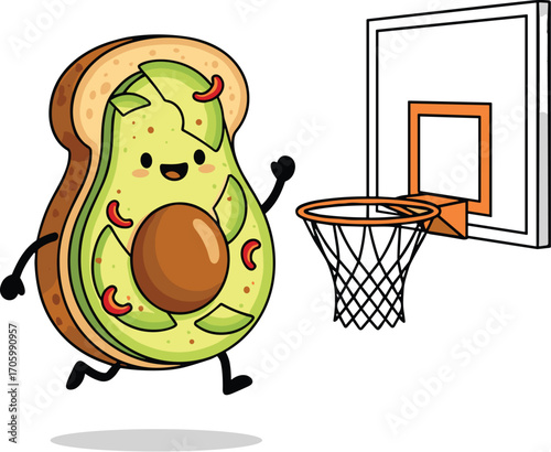 Cartoon avocado toast playing basketball with hoop.