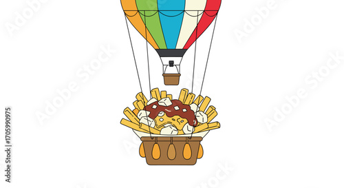 Cartoon hot air balloon carrying poutine in the basket