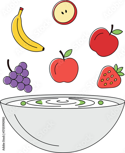 Cartoon fruits falling into bowl illustration
