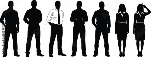 Silhouettes of diverse business professionals in formal attire, showcasing gender representation, team composition, and workplace diversity for branding design