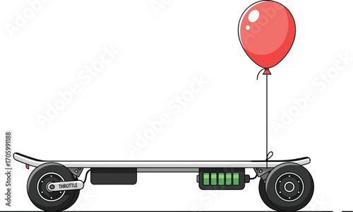 Illustration of electric skateboard with red balloon tied on white background