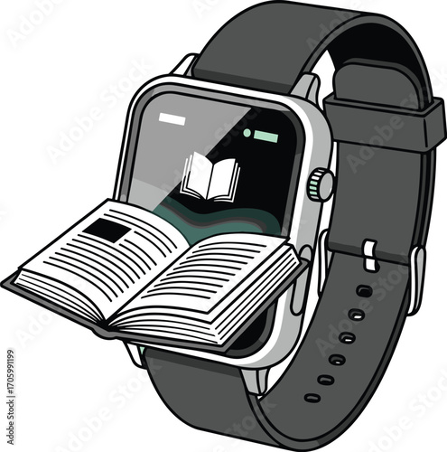 Cartoon smartwatch with open book icon on screen, reading concept