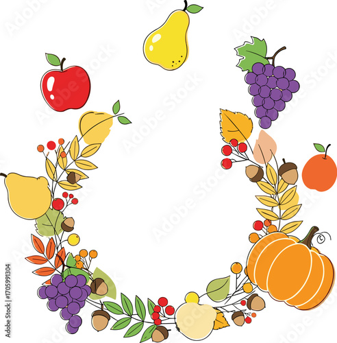 Autumn fruit wreath with apples, pears, grapes, acorns, pumpkin, berries and fall leaves