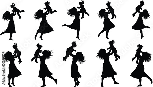 Silhouettes of mother and child in joyful poses, expressing love, bonding, and family moments for parenting, caregiving, and vector design