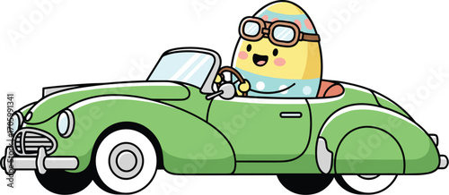 Cartoon easter egg character driving green car