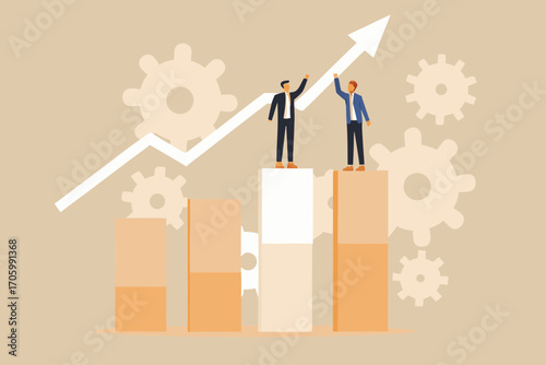 Two businessmen celebrating success on a bar chart with an upward trending arrow and gears