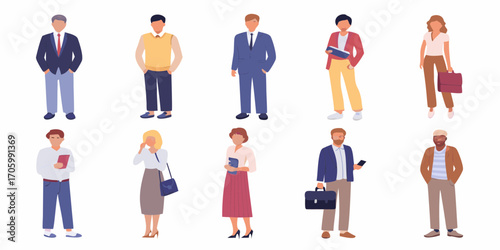 Diverse group of business professionals standing together in a flat illustration style