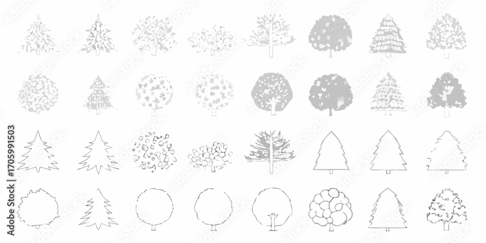 Collection of diverse stylized tree illustrations in gray scale and outline styles