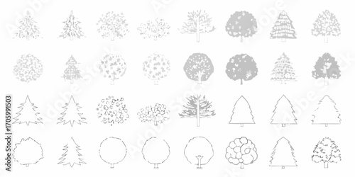 Collection of diverse stylized tree illustrations in gray scale and outline styles