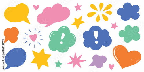 Collection of colorful hand drawn speech bubbles hearts and stars on white background