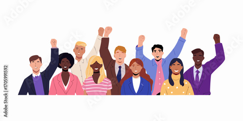 Diverse group of happy people with raised fists celebrating success and unity in a flat illustration style