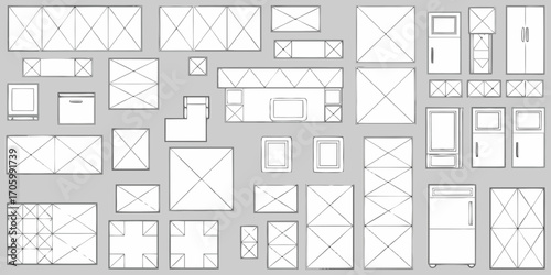 Top down sketch of various kitchen cabinets and appliances in a blueprint style