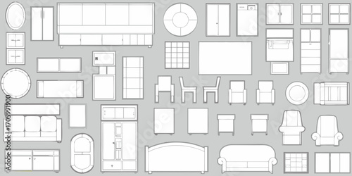 Collection of hand drawn furniture icons and illustrations on a gray background for interior design and architectural visualization