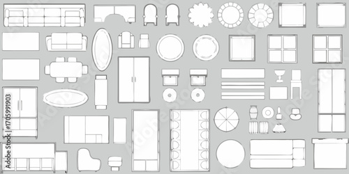 Collection of hand drawn architectural elements and furniture top view icons for interior design planning