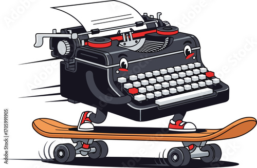 Cartoon typewriter character riding a skateboard with motion lines