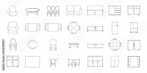 Collection of hand drawn furniture icons and illustrations for interior design and architectural planning