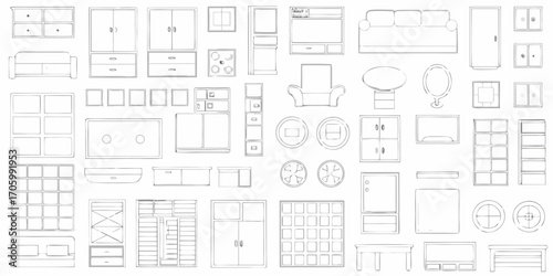 Collection of hand drawn furniture and home decor items in a sketch style for interior design